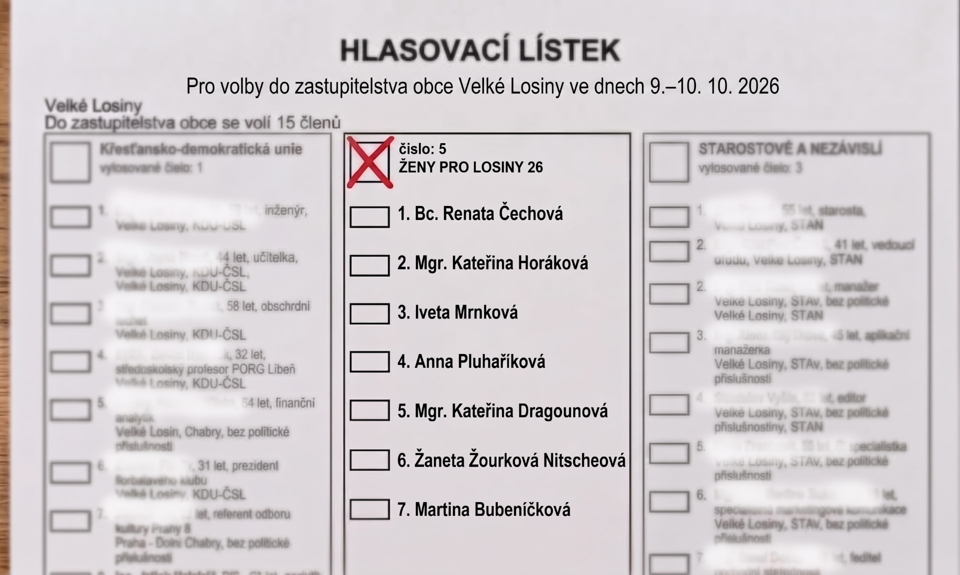 Hlasovací lístek s velkým křížkem u ŽENY PRO LOSINY 26